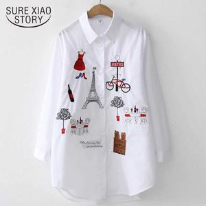 Women's Blouses Shirts 2023 New White Shirt Casual Button Up Turn Down Collar Female Blouse Long Slve Cotton Blouse Embroidery Blouse Lady 5083 50 Y240426