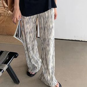 Calça de tinta plissada de tinta plissada de verão de rimocy mulheres coreanas calças de pernas largas de pernas largas mulheres calças de rua de cintura alta 240428