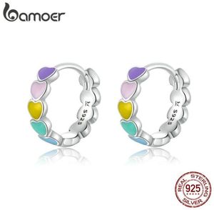 Hoop Huggie äkta 925 Sterling Silver Women Multicolor Emalj Hjärtörhängen Rainbow Trend smycken för Girl Gift SCE909 2210084624867