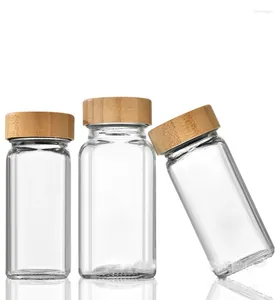 Garrafas de armazenamento garrafa de tempero de vidro de 120 ml com tampa de tampa de bambu Capinha de condimento de cozinha de jarra de sal quadrada clara