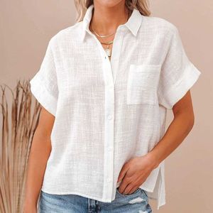 Camisas de blusas femininas camisa de linho de algodão feminino tampos casuais de tampas curtas camisas de verão para mulheres 21929 Y240426