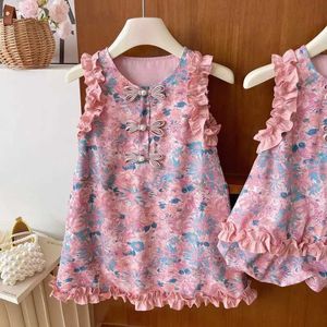 Girl's Dresses Summer New Chinese Ancient Style Qipao Fragmented Flower Dress with Lace Fashionable Beach Party Cute Dress