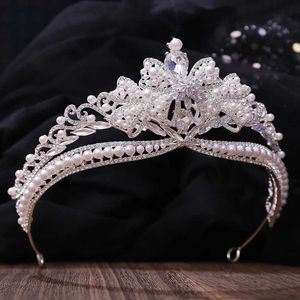 Tiaras Baroque 럭셔리 진주 지르콘 크라운 트라이어 여자 여자 신부 웨딩 헤어 액세서리 우아한 나비 노트 크리스탈 티아라