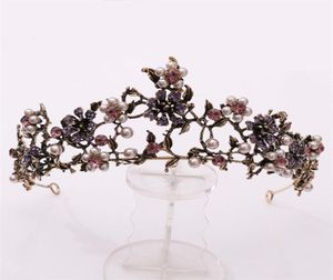 Barock vintage svart lila kristallpärlor brud tiaras krona tävling diadem slöja tiara bröllop hår tillbehör 22071689097104565601