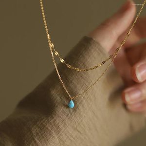 Pendants Blue Tears Japanese Compact Faux Opal Water Drop Glitter Double Necklace Titanium Steel Plated With 18K Gold