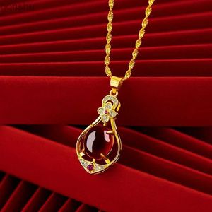 Pendant Necklaces Water Drop Red Crystal Pendant Necklace Womens 24K True Gold Plated 45cm Wool Chain Four Leaf Clover Ruby Pendant Womens GiftWX