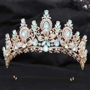 Tiaras Luxury Green Opal Crystal Flower Water Drop Tiara Crown Women Wedding Party Elegant Bridal Bride Crown Hair Accessories