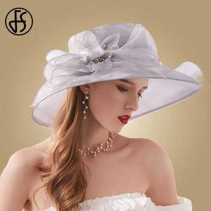 Cappelli a bordo larghi cappelli a secchio FS Pink Fedora Cappello da donna Beige White Kentucky Derby Wide Brim Church Church Organza Cappello Floro Floro Cappelli piatti Y240426