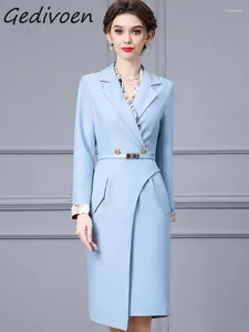 Casual Dresses Gedivoen Autumn Fashion Designer Light Blue Vintage Suit Dress Women's Lapel Button Sashes Package Binkocks SLIT SLIM MIDI