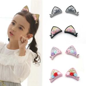 50Pcs/Lot Cute Cat Ear Hair Clips For Girls Glitter Rainbow Felt Fabric Flower Barrettes Kids Headwear Baby Hair Accessories