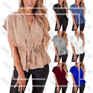 New clothing fashion brand designer women shirt Standing Neck Pull Pleated Lace Up Chiffon Bat Short Sleeved Women Shirt breathable high-quality clothing 403