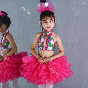 Stage Wear 3PCS Kids Girls Modern Jazz Ballet Latin Dance Costume Outfit Sleeveless Shiny Sequins Crop Top With Tassel Skirted Set