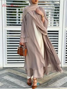 Fashion Chiffon Abaya Kimono Dubai Muslim Cardigan Abayas Women Casual Robe female Islam Clothes With Belt F2664 240428