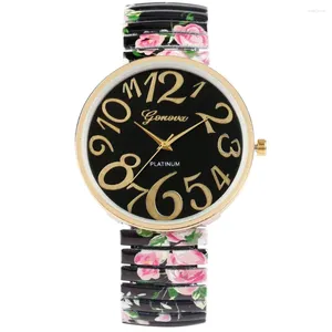 Wristwatches Fashion Women Quartz Watch Large Arabic Number Dial Ladies Wristwatch Unique Elastic Printing Strap Girls Watches