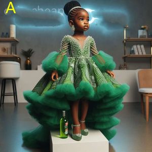 Flower 2024 Printed Royal Green Dresses Ball Gown Tulle Tiers Pearls Beaded Luxurious Little Girl Christmas Peageant Birthday Christening Tutu Dress Gowns Zj4 s