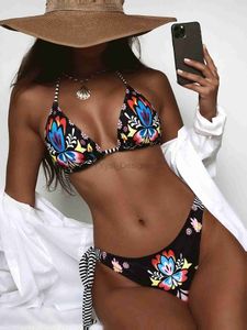 Kvinnors badkläder Boho Style Women Print Halter Lace-Up Bikini Set 2024 New Fe Swimsuit Backless Push Up Badkläder Baddräkt Beachwear 2 PCS D240429