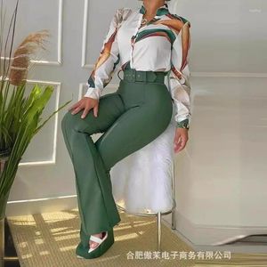 Women's Two Piece Pants 2024 Spring Summer Clothing Long Sleeve Casual Shirt Trousers Suit-with Belt