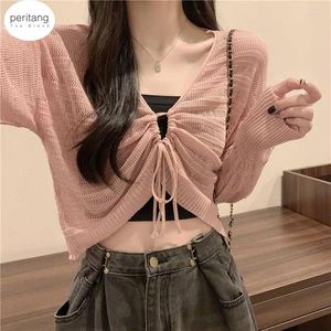 Kvinnors stickor Peritang Autumn Solid Color Slim Cardigan Woman Sweet Ladies Hollow Out Pink White Green Black Sticked Women