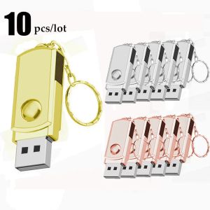 Drives 10pcs/Lot Free Logo Metal USB -флэш -привод поворотный привод ручки 16 ГБ 32 ГБ 64 ГБ 128 ГБ высокой скорости USB Stick 2,0 Pendrive с цепью -ключом