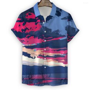 Men's Casual Shirts Coconut Tree Sunset Print Hawaiian Shirt Summer Fashion Men Beach Vacation Short Sleeve Button Down Lapel