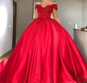 Modest Off Shoulder Red Ball Gown Quinceanera Dresses Appliques Beaded Satin Corset Lace Up Prom Dresses Sweet Sixteen Dresses1210856