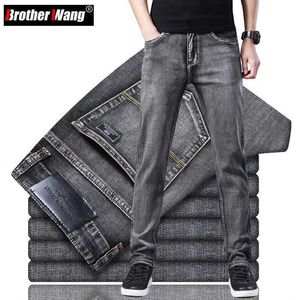 Herr jeans klassisk stil sommarmens tunna grå jeans affärsmode högkvalitativ elastisk denim rak byxor märke byxor q240427