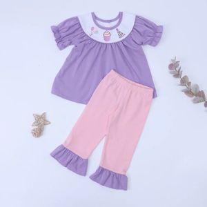 Kleinkindanzug Baby Girl Pink Kleidung Set 2pcs Baumwolle Brithday Stickerei BodySuit Sleeve T -Shirt Outfits Hosen für 18T Babi 240426