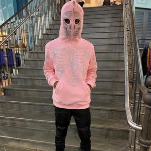 Autumn Goth Hoodies Grunge Pink Hooded Jacket Streetwear Womens Y2K Rhinestone Skeleton Zip Overized Sweatshirts 240428