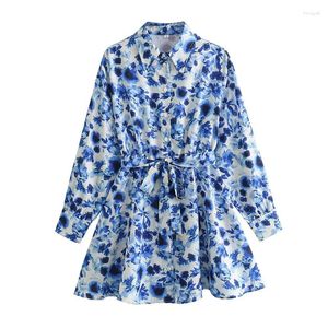 Casual Dresses Blue Floral Print Shirt Dress for Women Long Sleeve With Belt Short Office Vestidos