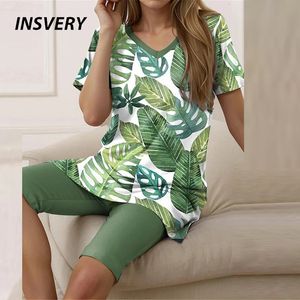 Summer Women Due pezzi Set V Neck Stampa vintage Short Shit Slip Slip Selt Shi Shorts Abiti femminili 240423