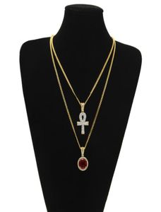 Egyptiska stora ankh -nyckelhängen halsband sätter runt rubin safir med strass charms kubanska länkkedjor för mens hiphop smycken9627042