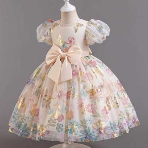 Girl's Dresses Girls New Bubble Sleeves Big Bow Butterfly Flower Print Sweet and Cute Princess Dress School Graduation Evening Dress