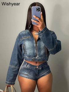 Casual Streetwear Spring Club Outfits For Women Stretch Denim O-Neck Long Sleeve Jackets Crop Tops and Shorts Jeans 2 Piece Set 240425