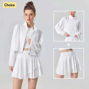 Women's Tracksuits Sun Protection Womens Tennis Sports Set Outdoor Workout Long Slve Jacket and Pleated Skirt 2 Piece Set Y240426