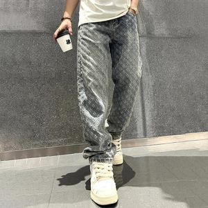 Jacquard Pattern Denim Pants Male Straight Fitting Baggy Bottoms Distressed Wide Jeans For Men 240415