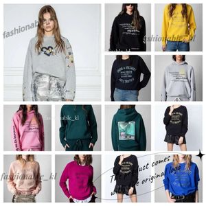 Autumn French Niche Zadig Voltaire Sweatshirts Button V-neck Hoodies Back Pull Print Abstract Letters Print Long Sleeve Cotton T-shirt Women 997