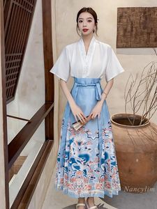 Vestidos de trabalho saia em estilo chinês face feminina feminina feminina feminina feminina de traje curto de verão diariamente hanfu 2024 fêmea pano feminino