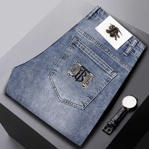 End High Luxury Jeans Mens Straight Fit Pants Blue Embroidered European Fashion Brand Spring/summer Elastic Leggings