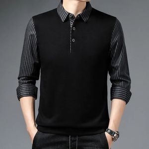 Homens de moda listrado camisas de polo para homens designer casual de cor sólida com mangas compridas tops button colar mass roupas 2024 240411
