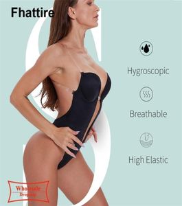 Kvinnor Body Shaper Clear Strap Backless Shapewear Deep Plunge Thong Push Up Padded Bra bodysuit Low Back Beige Slimming Underwear 23768572