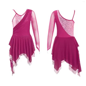 Indossare paelette a maniche lunghe a maniche lunghe mesh orlo irregolare balletto ginnastico ragazze leotard figure pattinaggio ghiacciato per esibizione da ballo