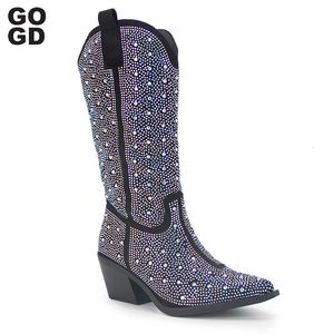 Gogd shinestone moda feminino western mid-bef boots cowgirl cowgirl brilhante zíper pontudo zíper sexy salto alto luxo 240426