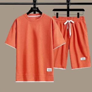 Męskie letnie okrągły szyja krótkie rękawowe menu Casual Sports Set Lose T-Shirt Waffle Style Style 240424