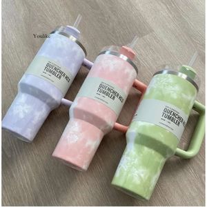 1pc DHL 40oz H2.0 Tye Dye Mugs Cups Tumblers المقاوم للصدأ Tumblers حراري معزول 40 أوقية من الجيل الثاني مع غطاء المقبض والقش CARD CAR GG0429 0429