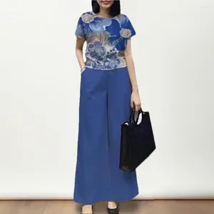 Women's Two Piece Pants Women Top Set Lightweight Flower Print T-shirt With Wide Leg Short Sleeve For Commute