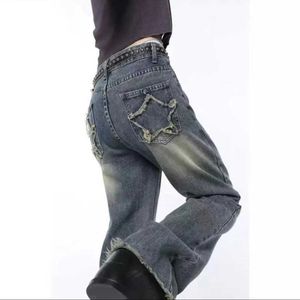 الجينز النسائي Y2K Retro Back Star Jeans Womens American INS Trend Patch Loose High Weist Fashion Straight-leg Pants Hot Sale H240429