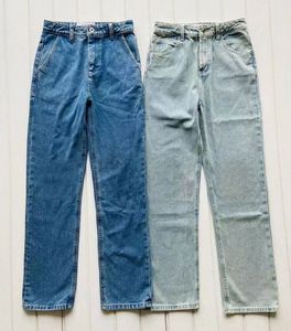 Mode sommarkvinnor denim jeans ihåliga strimlade rippade design ebroideri casual mörkblå rak rak denim byxor asiatisk storlek 25-30