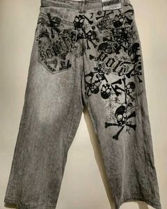 Women's Jeans Y2K New American Skull Print Washed Grey Straight High Waist Men and Women Harajuku Retro Strtwear Gothic Wide Trousers H240429