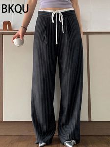 BKQU Black Striped Drawstring Straight Pants for Women 2024 Fashion Fake Two Piece Patchwork High Waist Casual Wide Leg Pants 240423