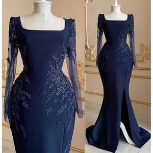 Aso Arabic Plus Ebi Size Navy Blue Mermaid Prom Dresses Lace Beaded Satin Evening Formal Party Second Reception Bridesmaid Gowns Dress Zj